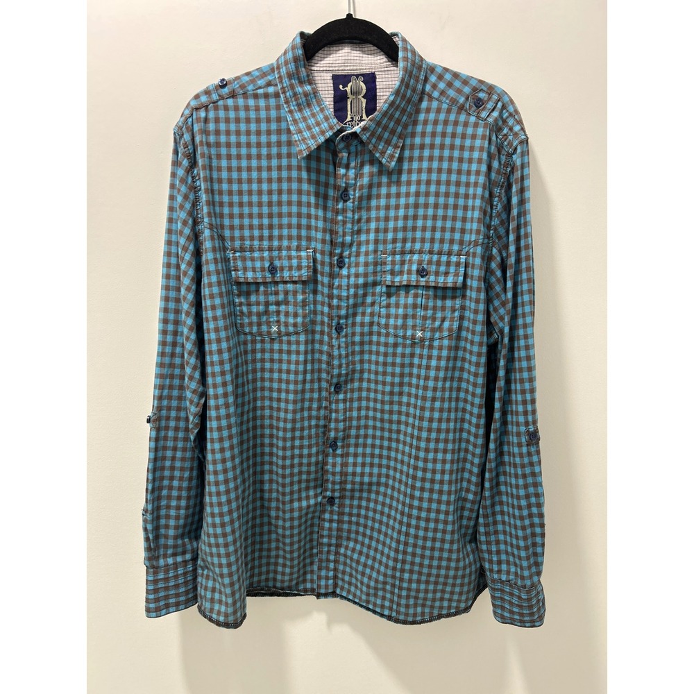 No Retreat Mens XXL Gingham Button Down Shirt Teal Brown Cotton Roll Tab NRW-005